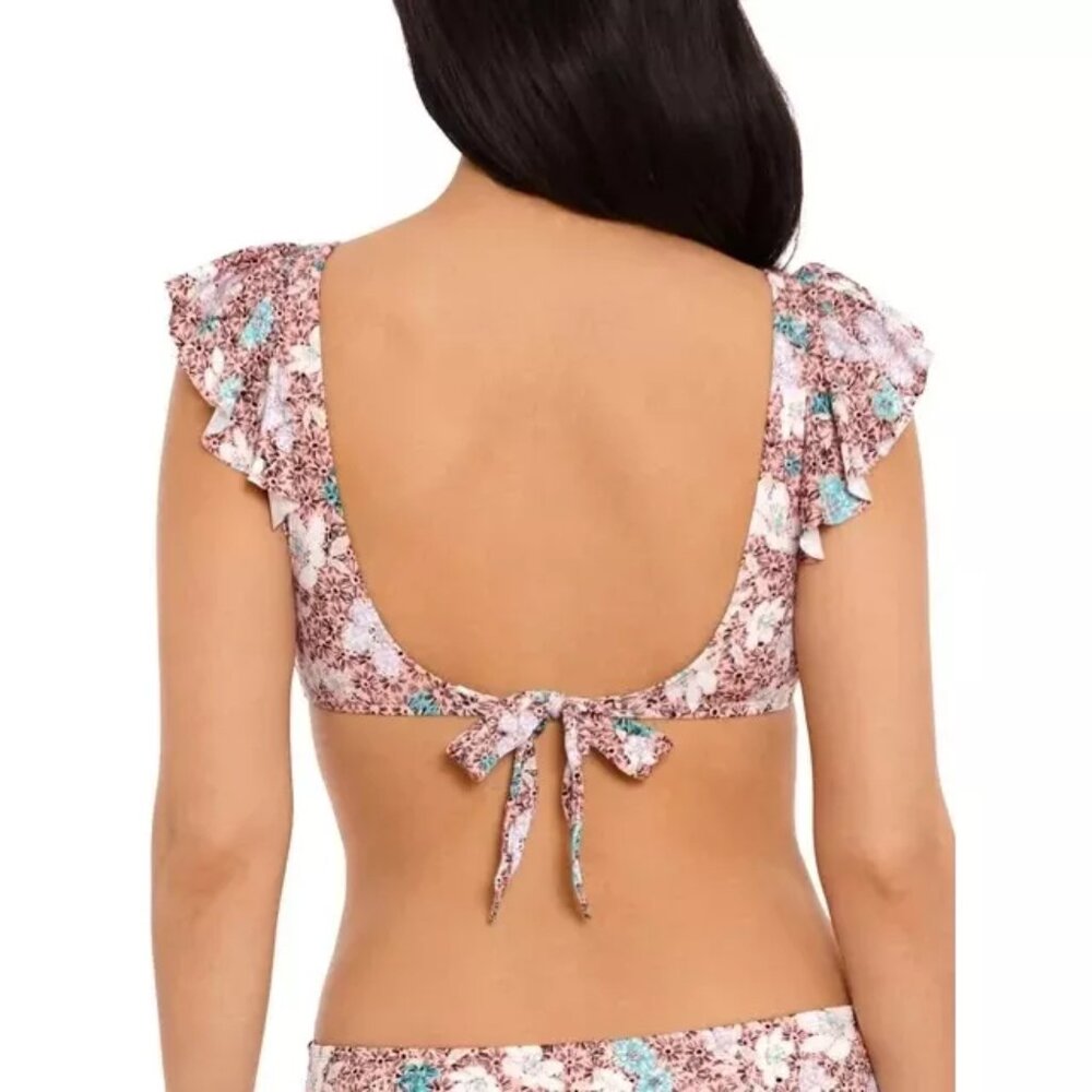 Peach, White, Turquoise Print Ruffle Bikini Set Medium Top Small Bottom - Picture 2 of 6